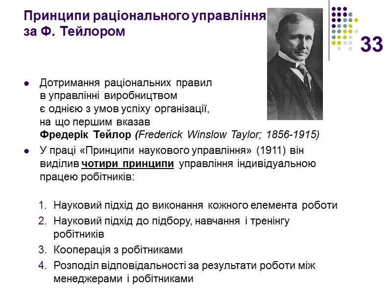 33 Принципи раціонального управління  за Ф. Тейлором Дотримання раціональних правил  в управлінні